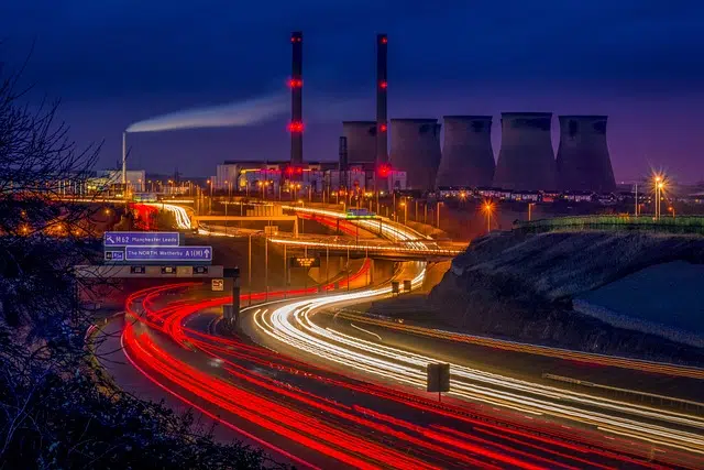 ferrybridge, power station, light trails, and motorway at night